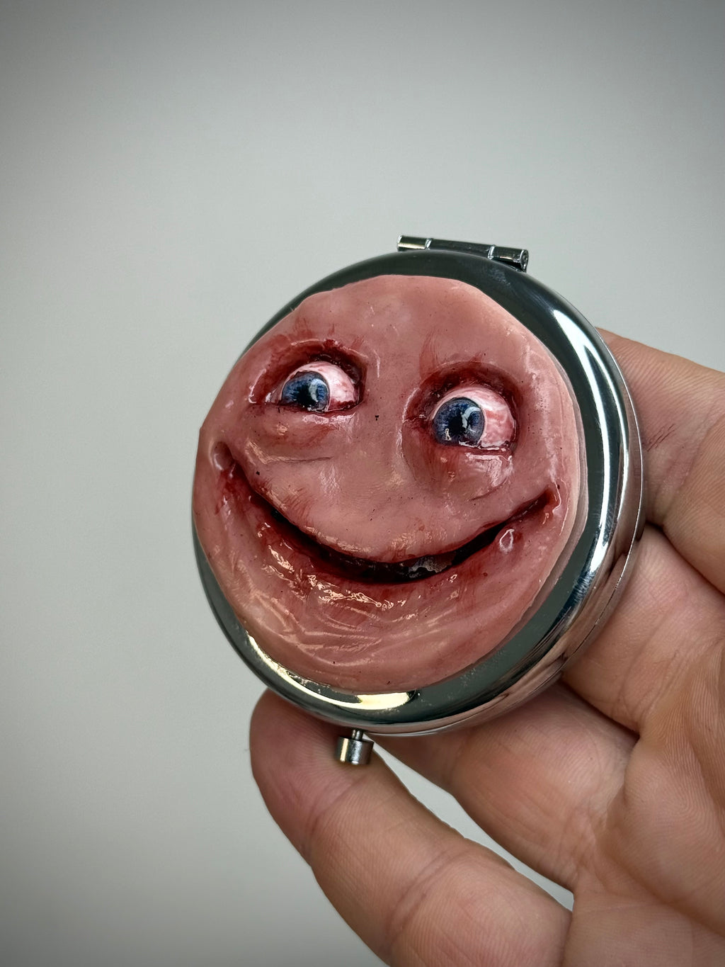 Handmade Pocket Mirror with Sculpted Face Creepy Compact Mirror Weird Gift