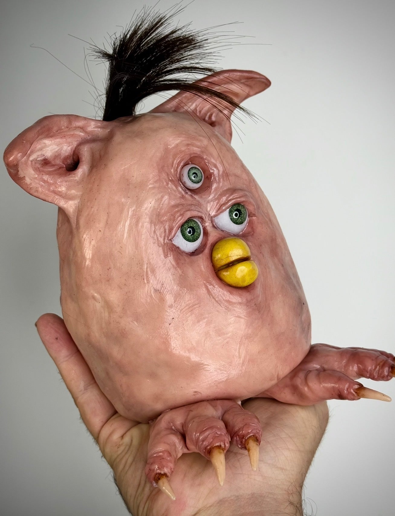 Flesh Furby – Three Eyed Creature Sculpture – Weird Handmade Polymer Clay Oddity