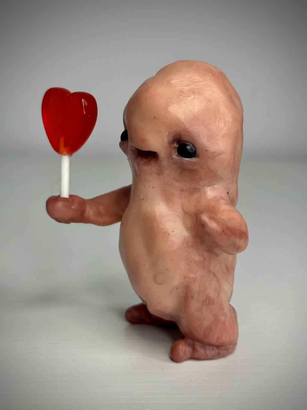 Heart Lolly Disturbie – Creepy Candy Creature Sculpture – Weird Handmade Polymer Clay Oddity