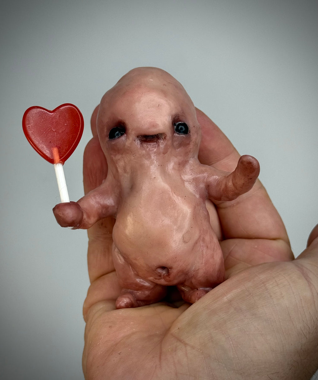 Heart Lolly Disturbie – Creepy Candy Creature Sculpture – Weird Handmade Polymer Clay Oddity