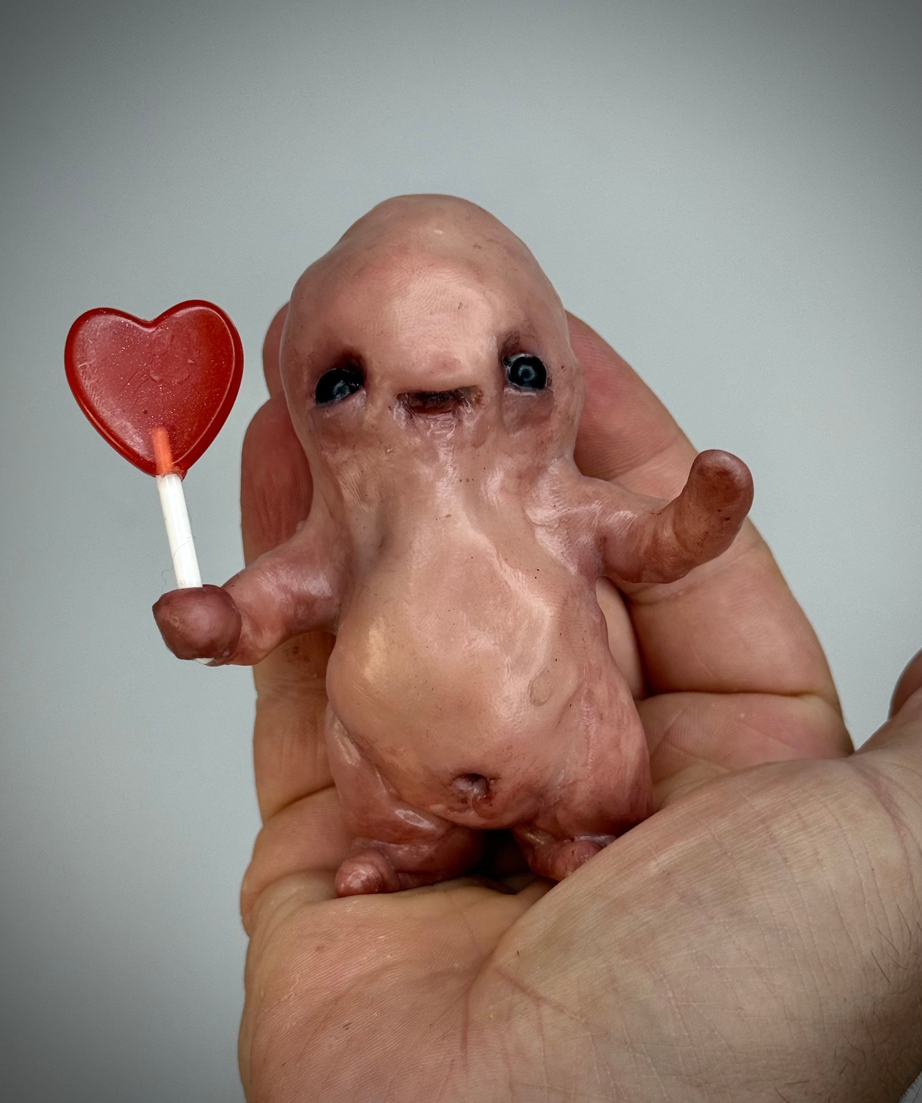 Heart Lolly Disturbie – Creepy Candy Creature Sculpture – Weird Handmade Polymer Clay Oddity