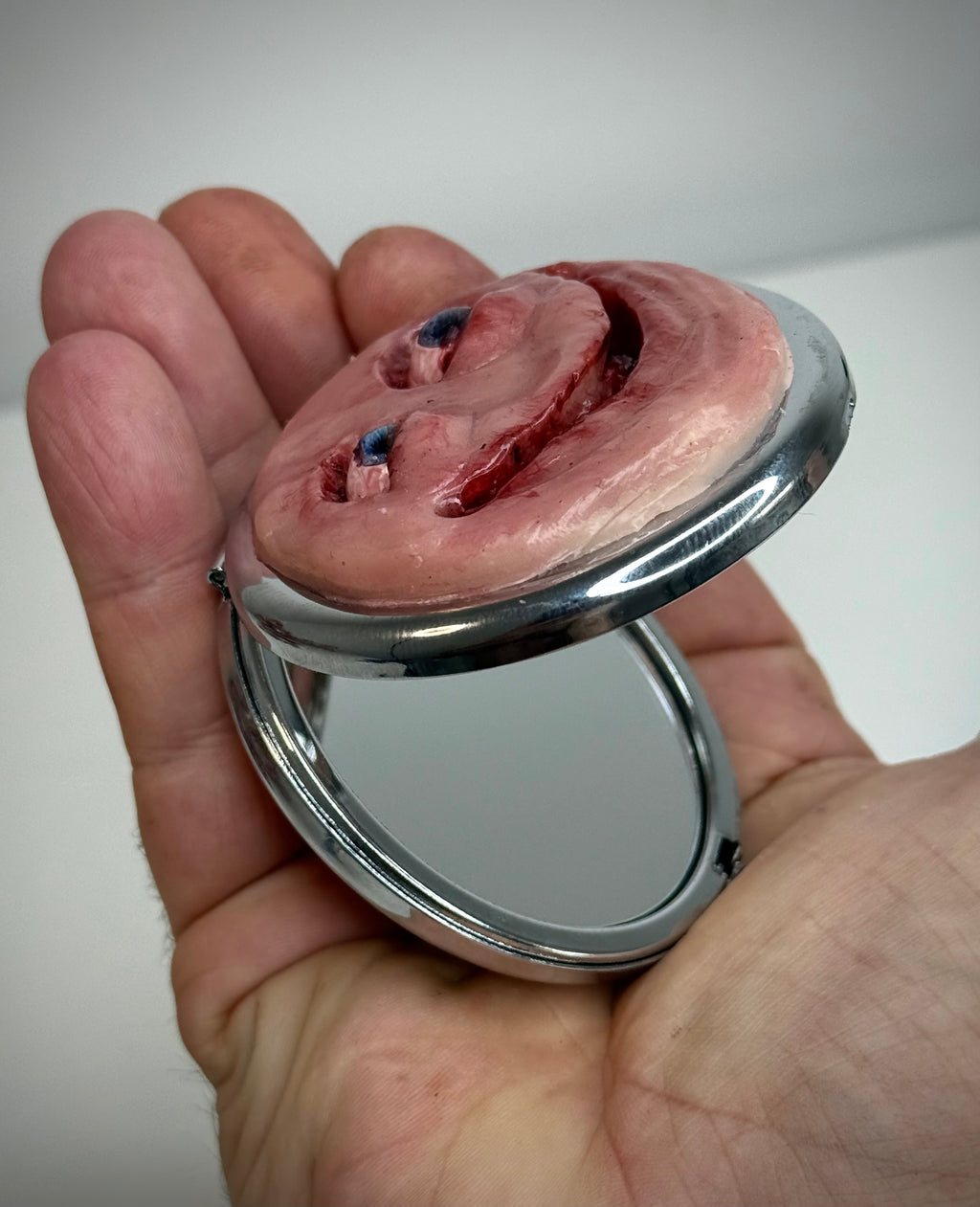 Handmade Pocket Mirror with Sculpted Face Creepy Compact Mirror Weird Gift