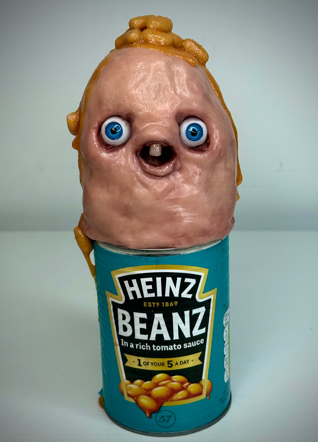 Beanie Boy – Heinz Beanz Creature Sculpture – Weird Handmade Polymer Clay Oddity