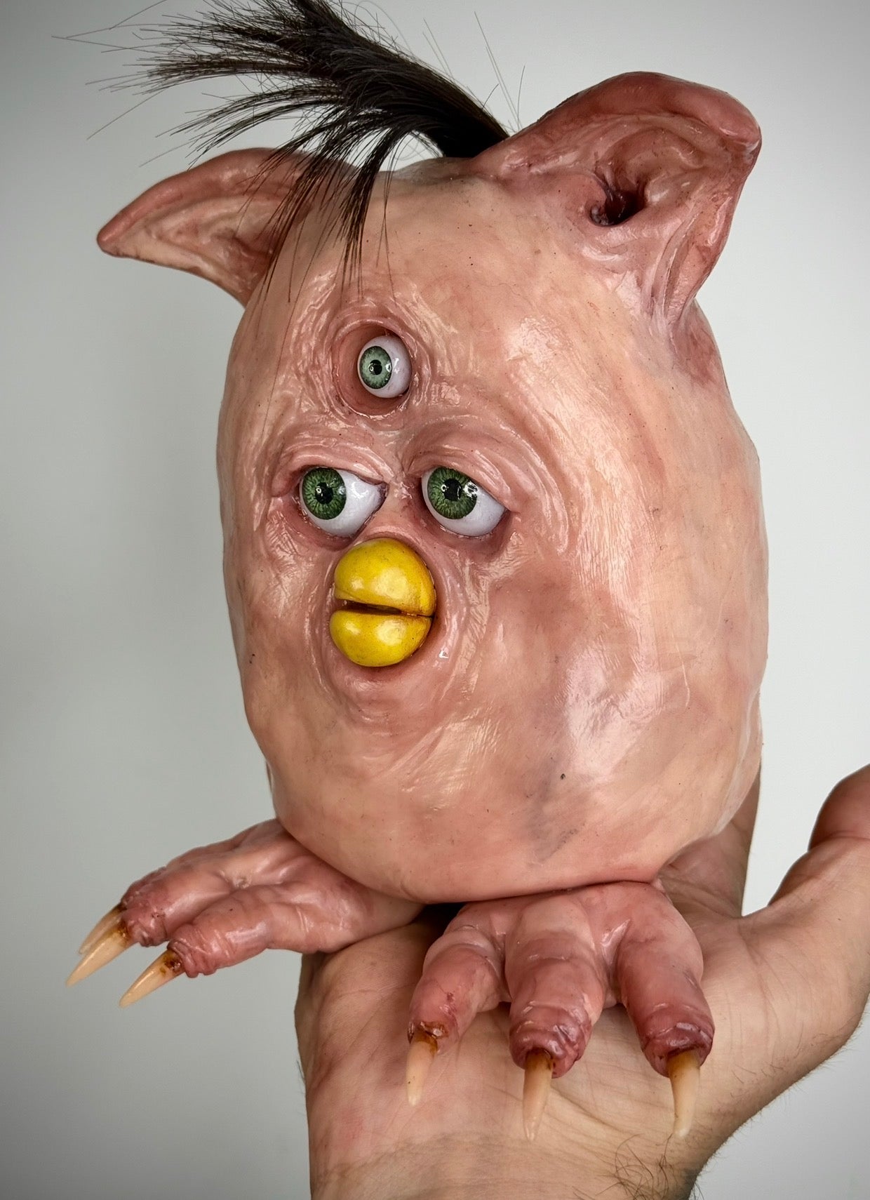 Flesh Furby – Three Eyed Creature Sculpture – Weird Handmade Polymer Clay Oddity