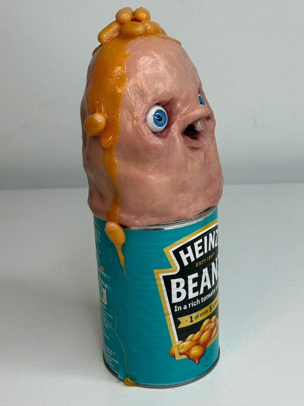 Beanie Boy – Heinz Beanz Creature Sculpture – Weird Handmade Polymer Clay Oddity