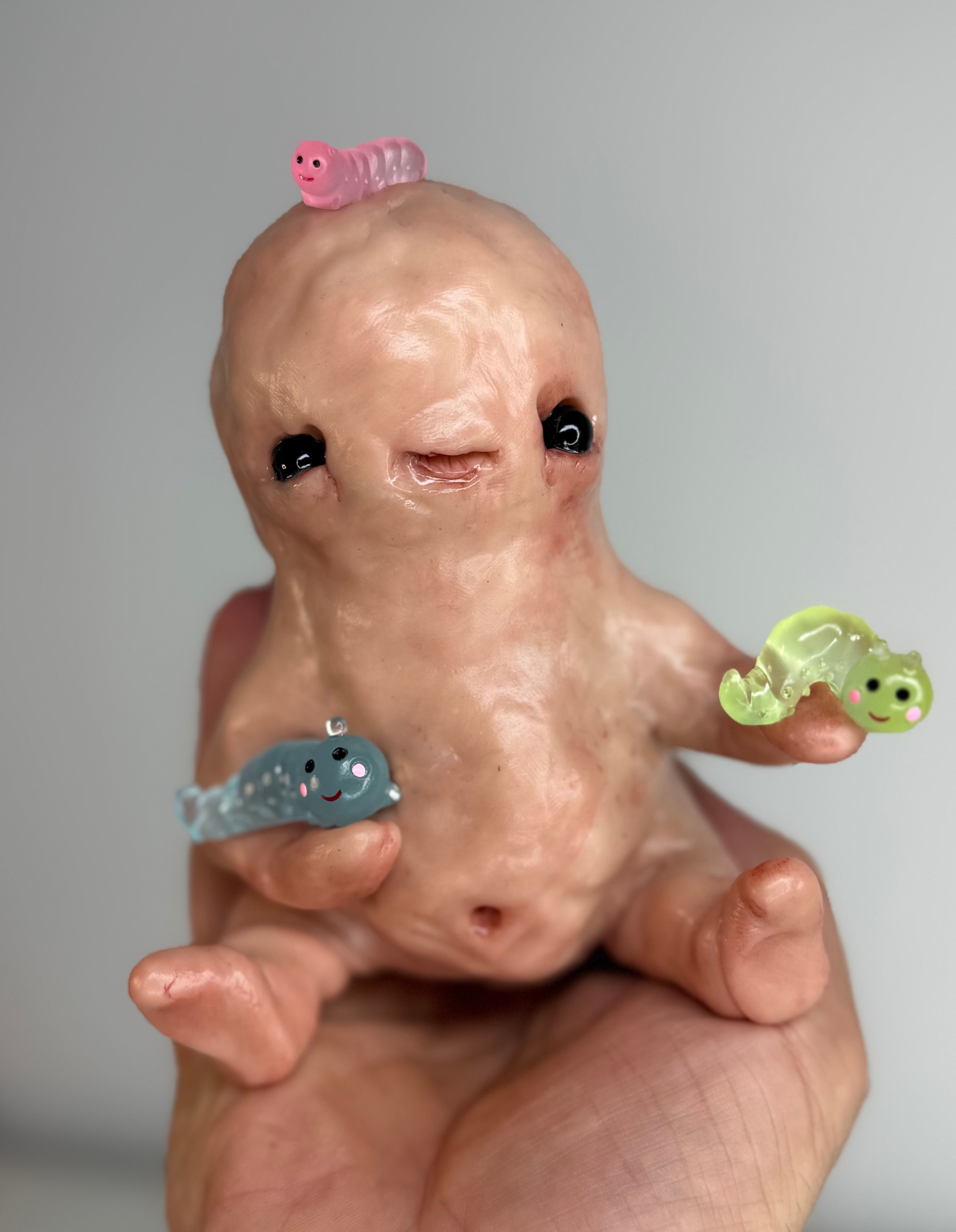 Worm Friends Disturbie – Grotesque Creature Sculpture – Weird Handmade Polymer Clay Oddity￼