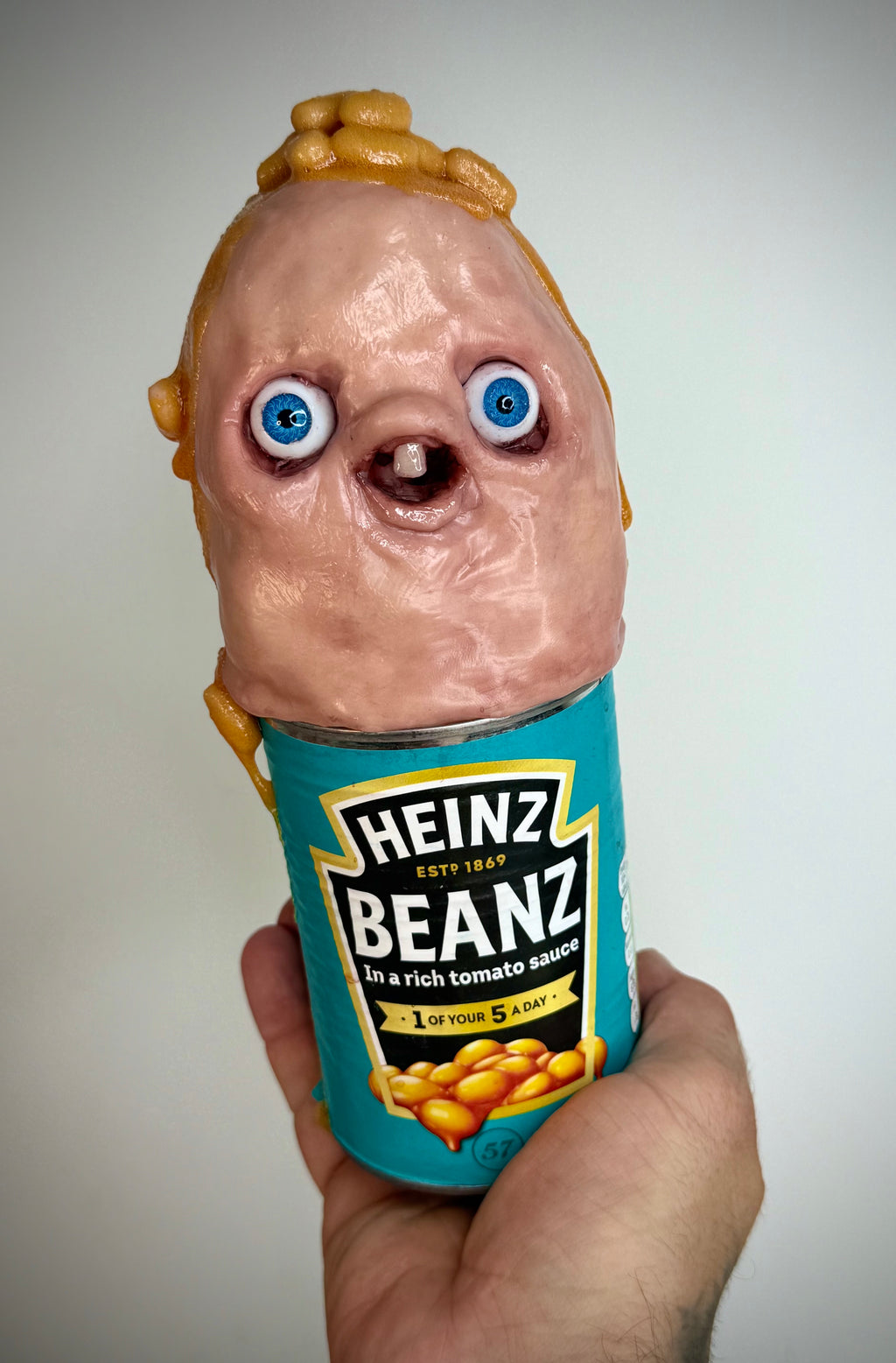 Beanie Boy – Heinz Beanz Creature Sculpture – Weird Handmade Polymer Clay Oddity