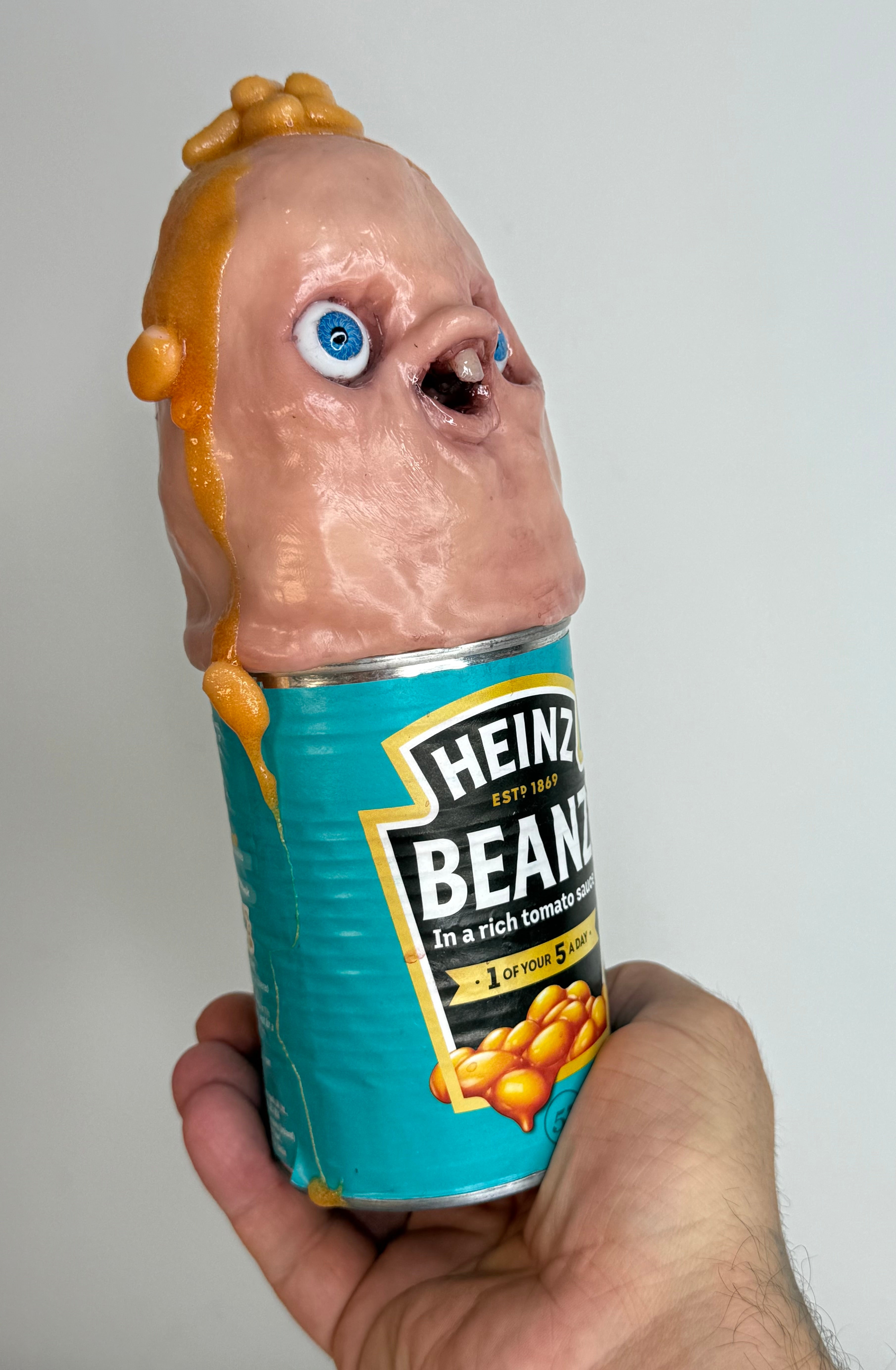 Beanie Boy – Heinz Beanz Creature Sculpture – Weird Handmade Polymer Clay Oddity