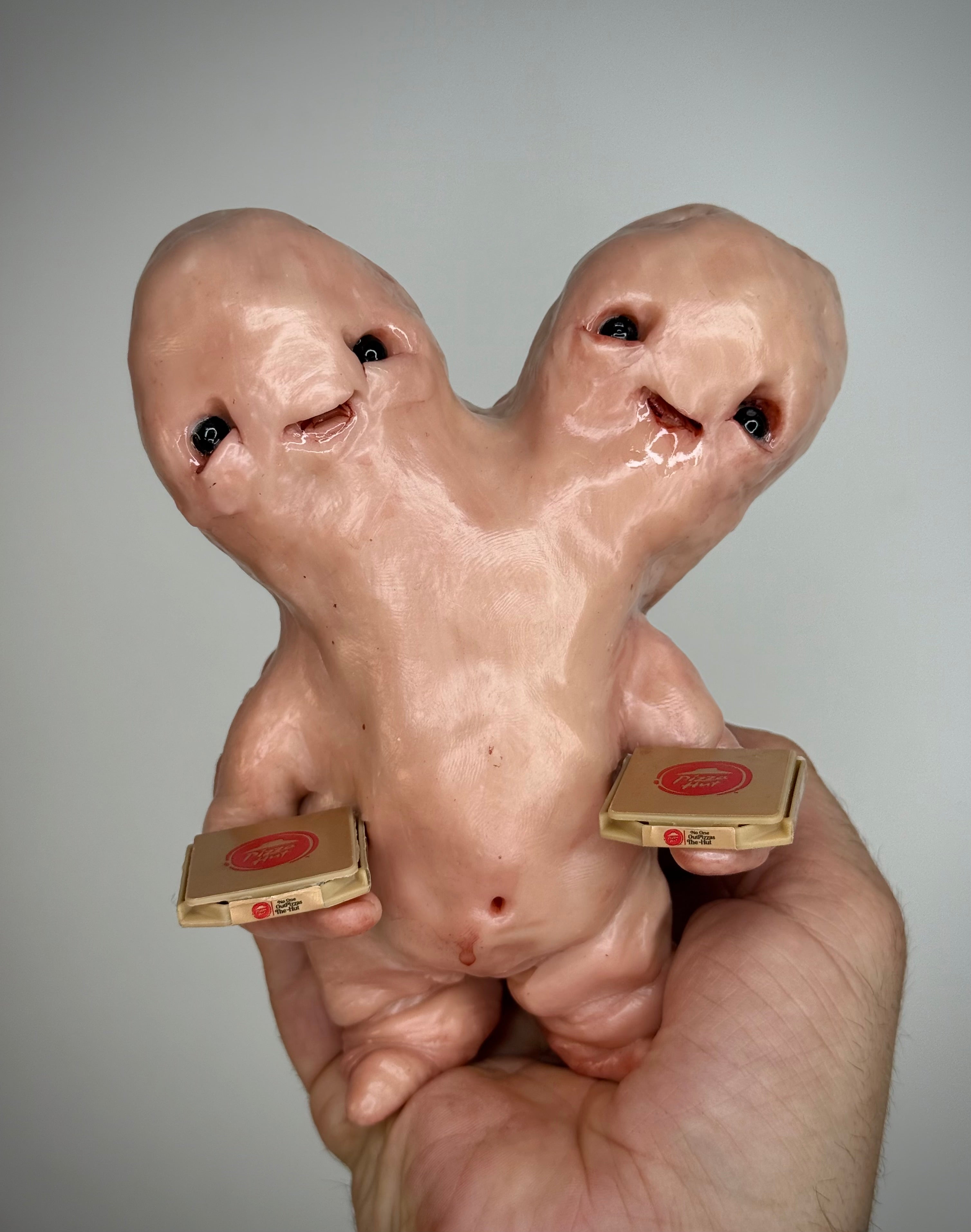 Pizza Disturbie – Two Headed Creature Sculpture – Weird Handmade Polymer Clay Oddity