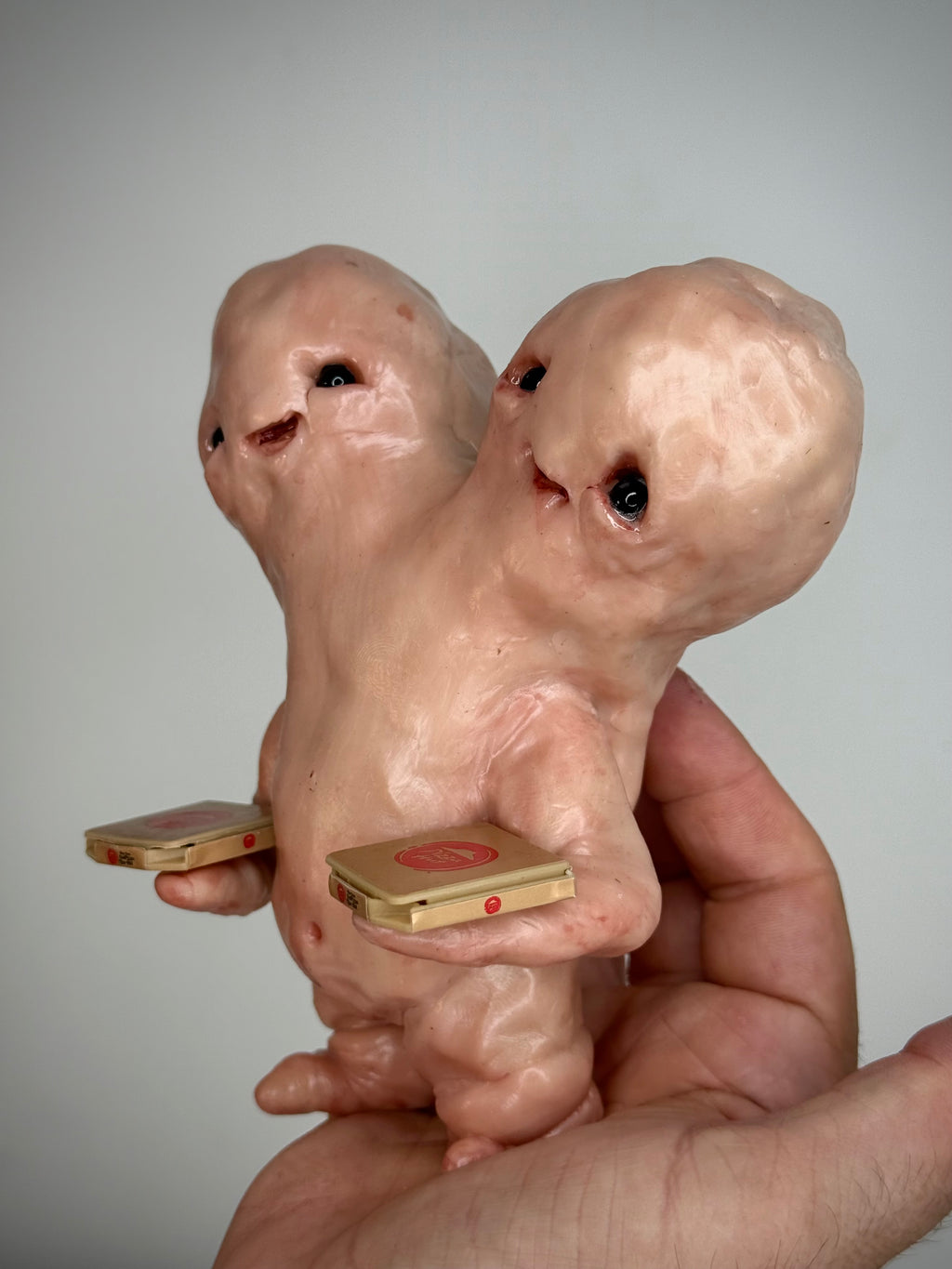 Pizza Disturbie – Two Headed Creature Sculpture – Weird Handmade Polymer Clay Oddity