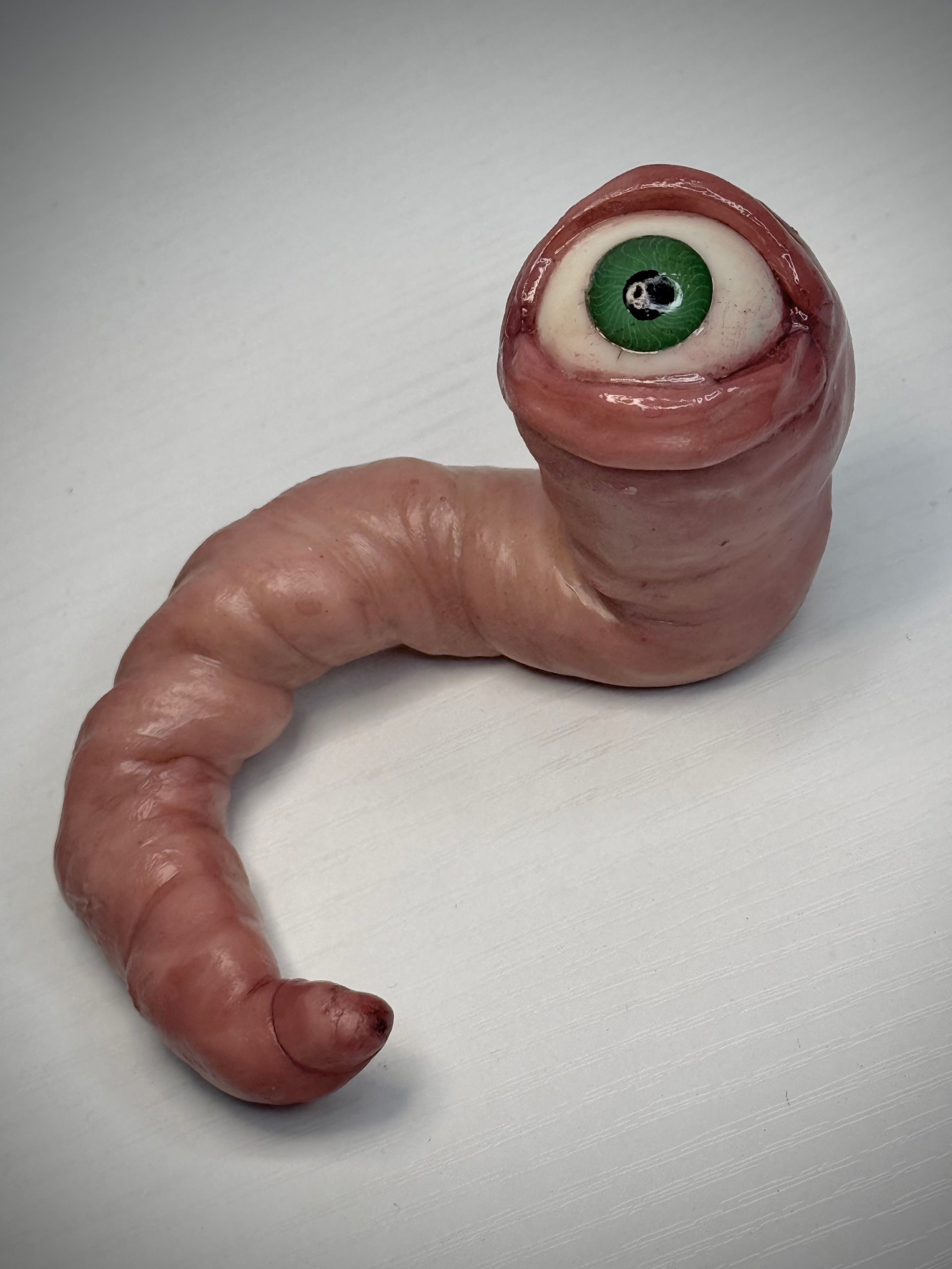 Large Worm Friend – Eyeball Worm Creature Sculpture – Weird Handmade Polymer Clay Oddity