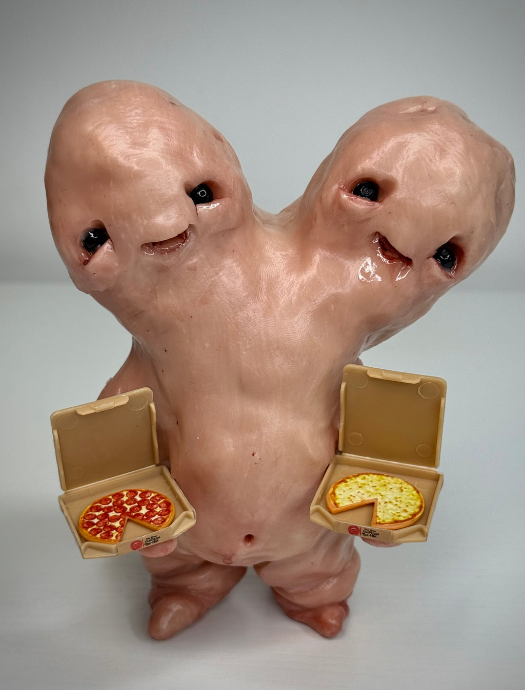 Pizza Disturbie – Two Headed Creature Sculpture – Weird Handmade Polymer Clay Oddity