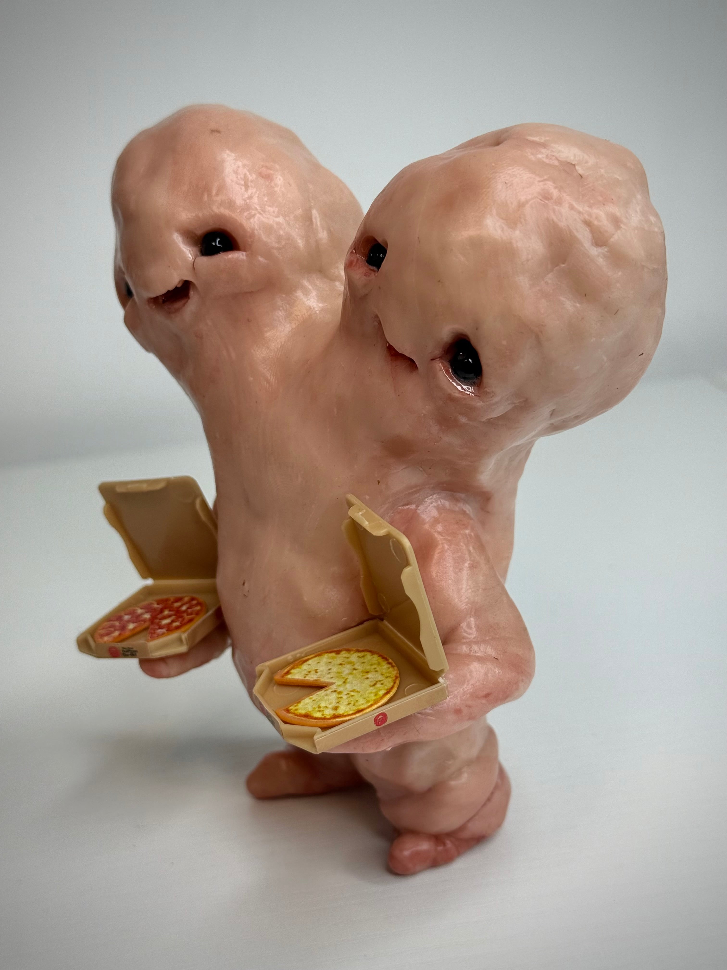 Pizza Disturbie – Two Headed Creature Sculpture – Weird Handmade Polymer Clay Oddity