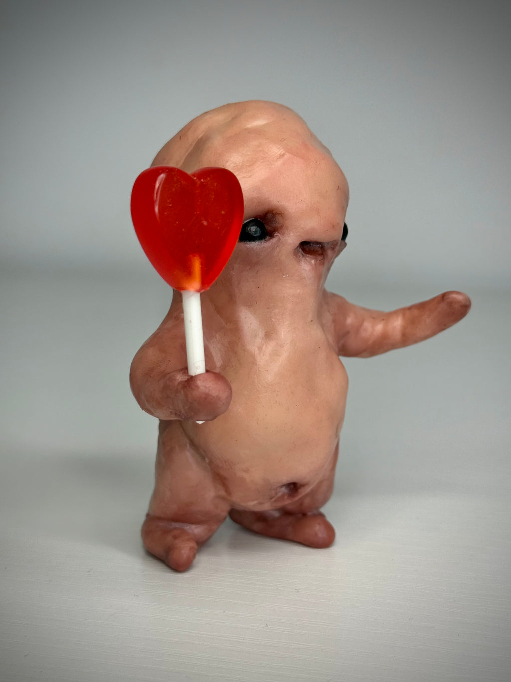 Heart Lolly Disturbie – Creepy Candy Creature Sculpture – Weird Handmade Polymer Clay Oddity
