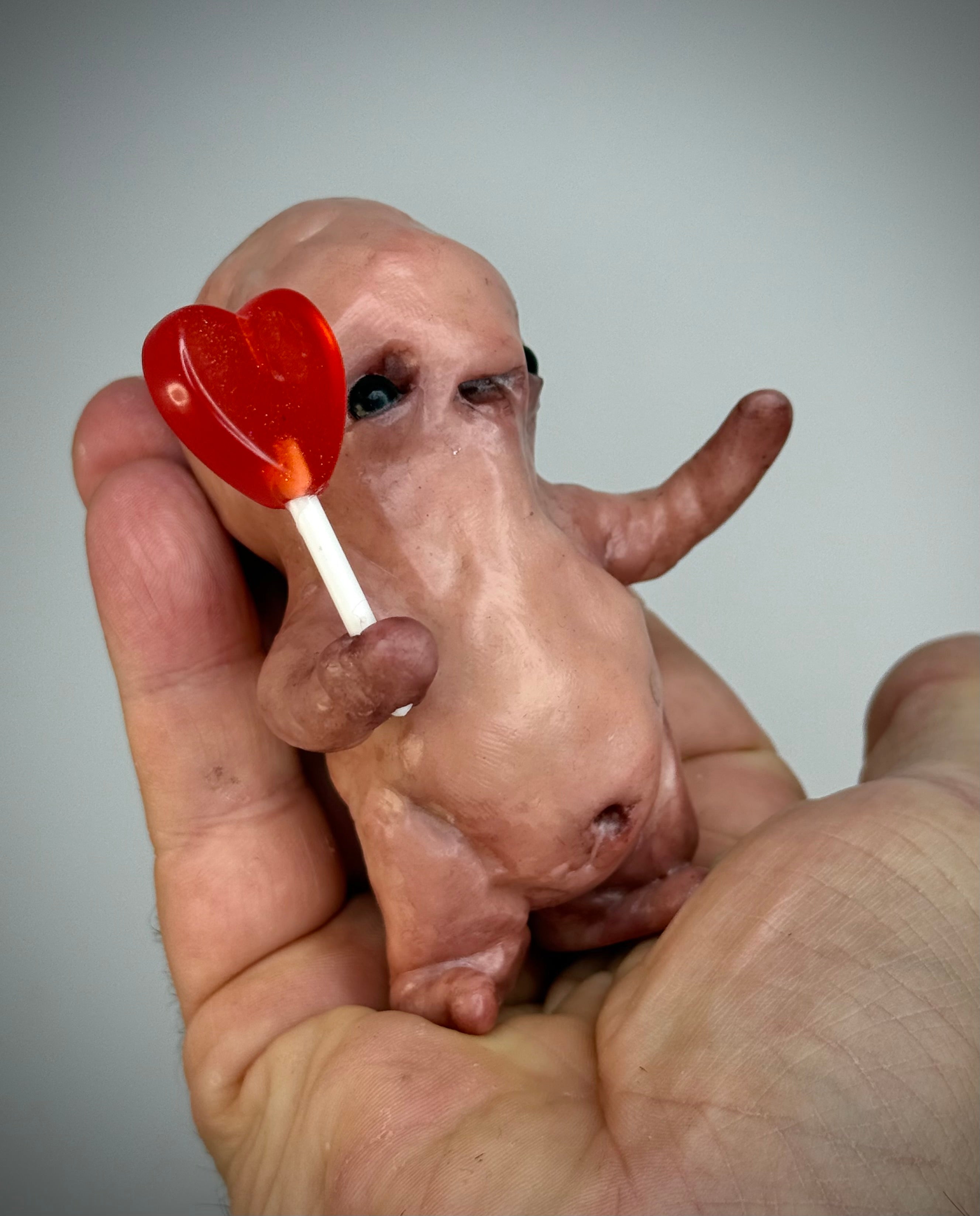 Heart Lolly Disturbie – Creepy Candy Creature Sculpture – Weird Handmade Polymer Clay Oddity