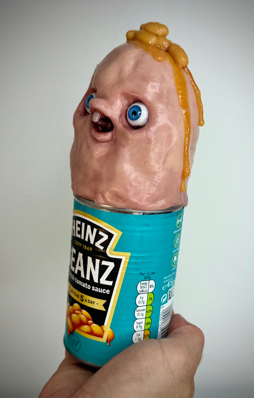 Beanie Boy – Heinz Beanz Creature Sculpture – Weird Handmade Polymer Clay Oddity