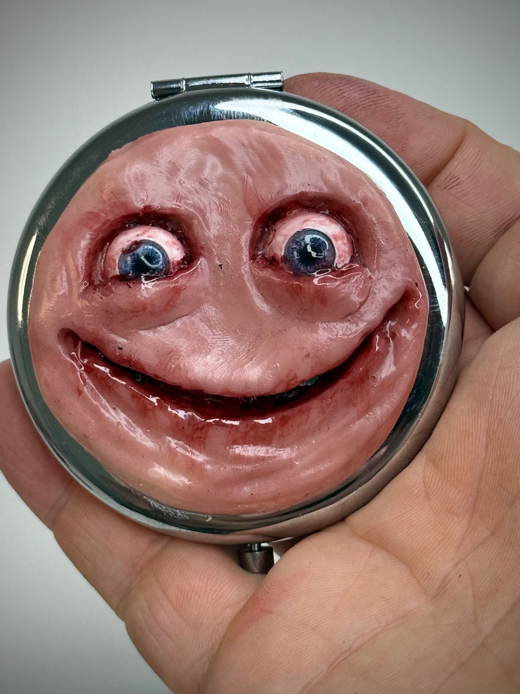 Handmade Pocket Mirror with Sculpted Face Creepy Compact Mirror Weird Gift