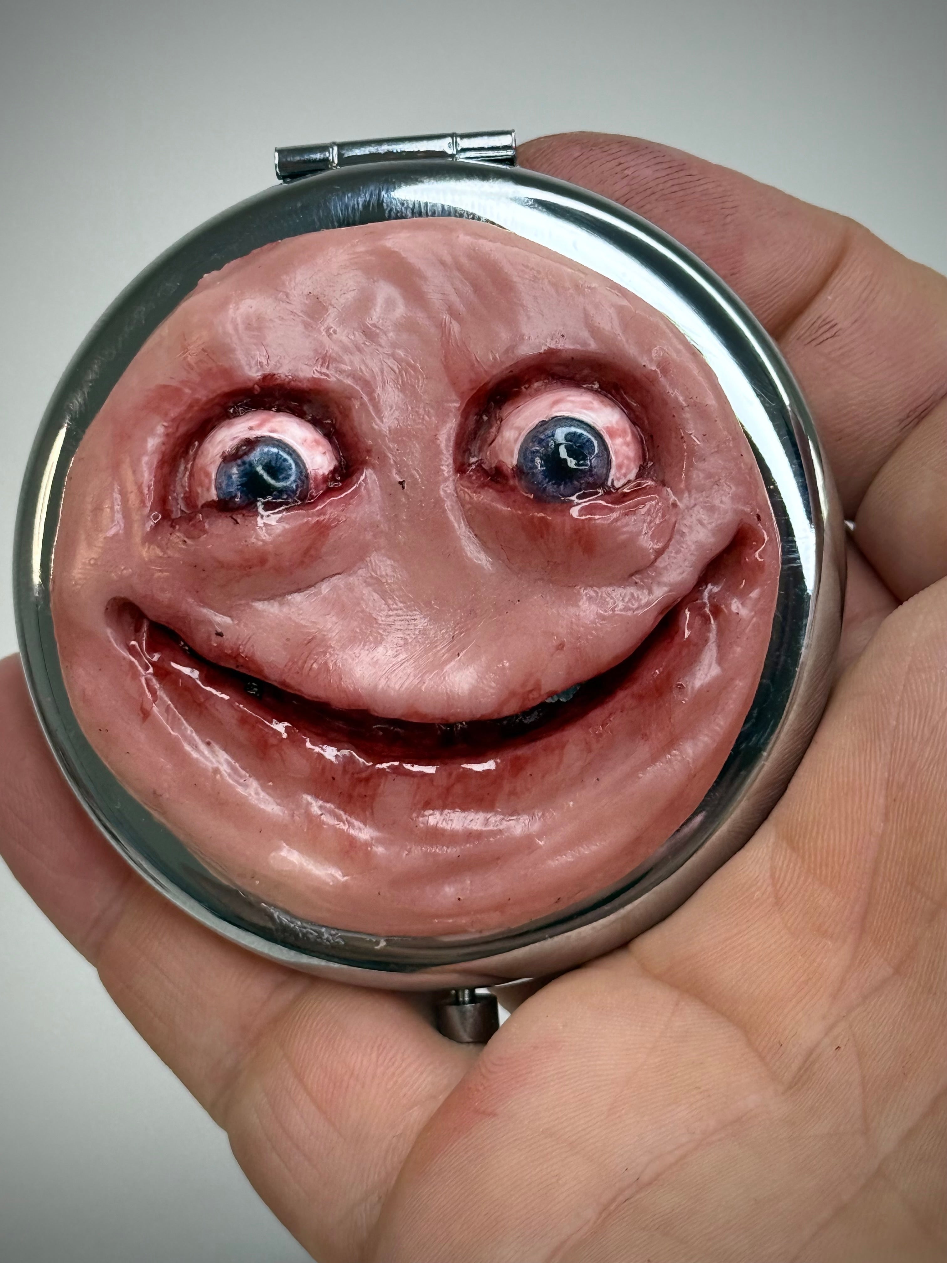 Handmade Pocket Mirror with Sculpted Face Creepy Compact Mirror Weird Gift