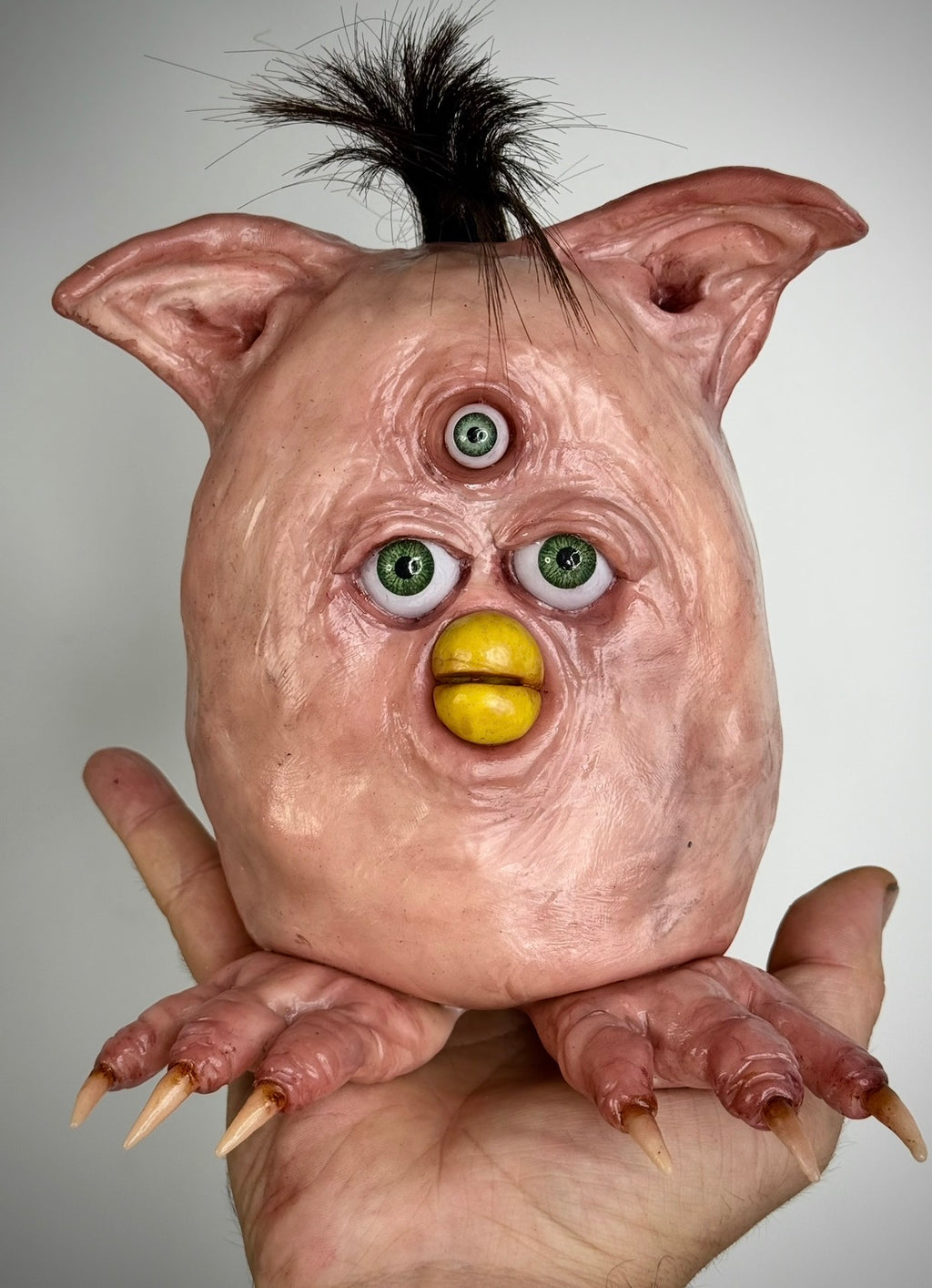 Flesh Furby – Three Eyed Creature Sculpture – Weird Handmade Polymer Clay Oddity