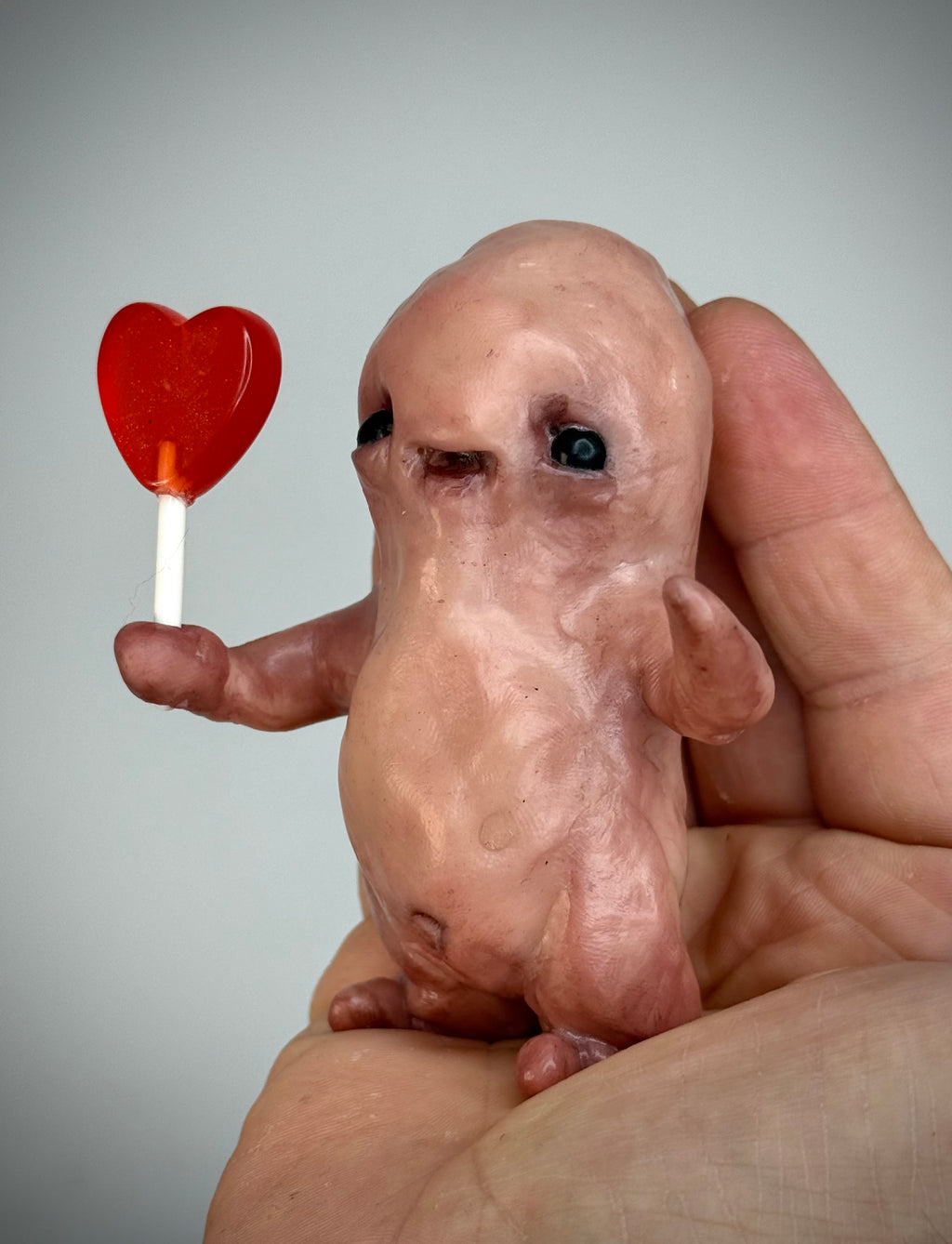 Heart Lolly Disturbie – Creepy Candy Creature Sculpture – Weird Handmade Polymer Clay Oddity