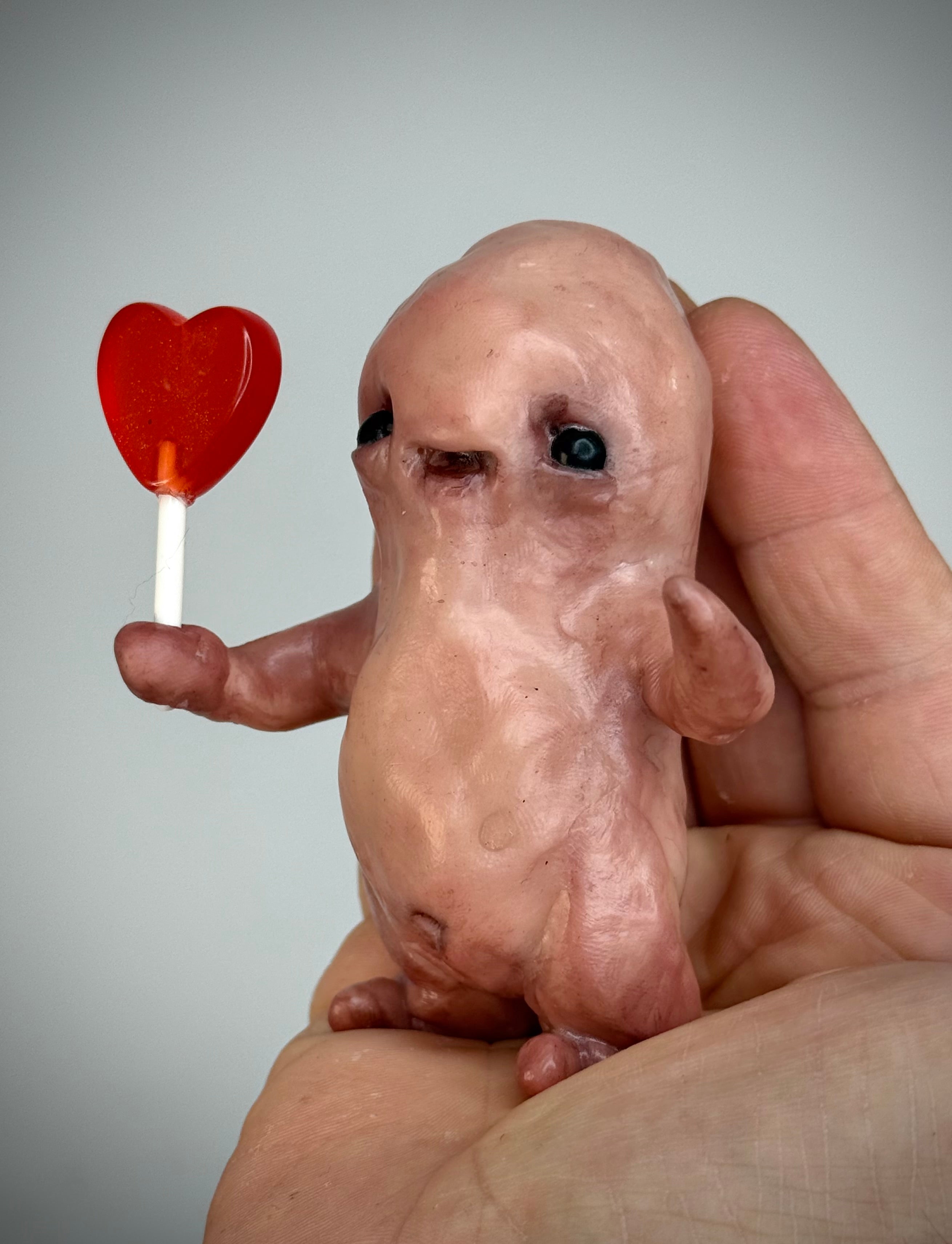 Heart Lolly Disturbie – Creepy Candy Creature Sculpture – Weird Handmade Polymer Clay Oddity