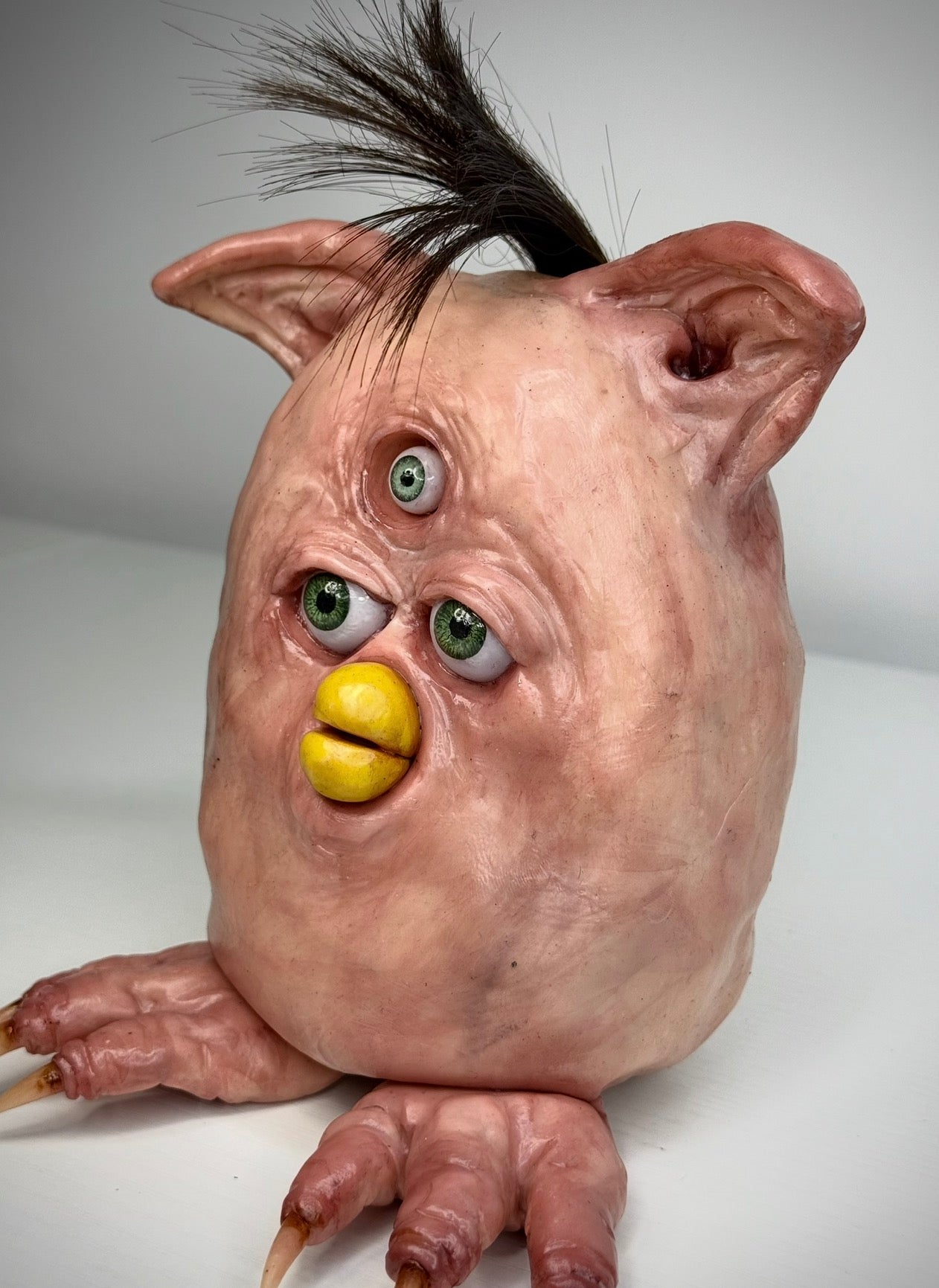 Flesh Furby – Three Eyed Creature Sculpture – Weird Handmade Polymer Clay Oddity