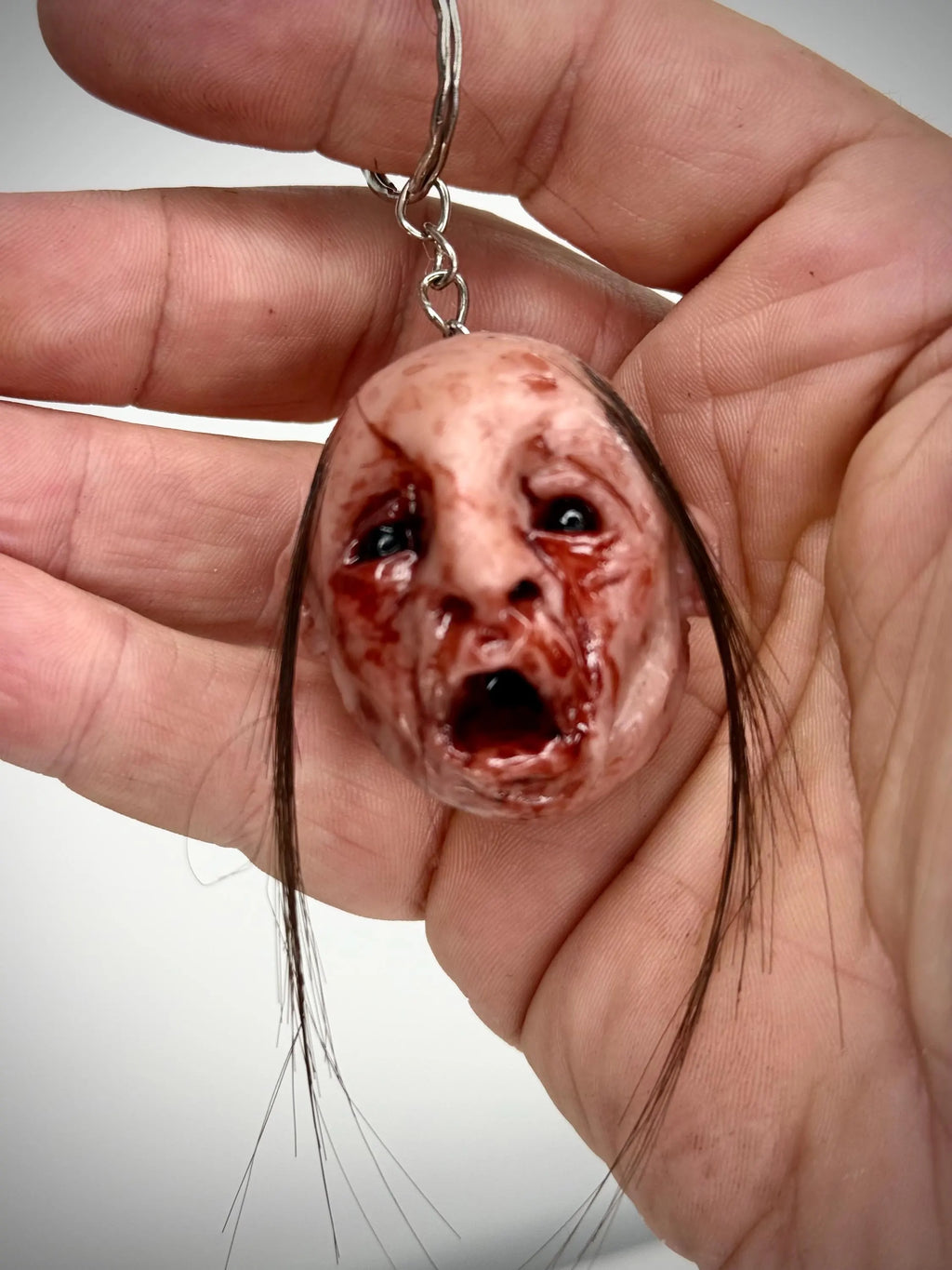 Horror Head Keychain – Grotesque Face Keyring – Weird Handmade Polymer Clay Oddity