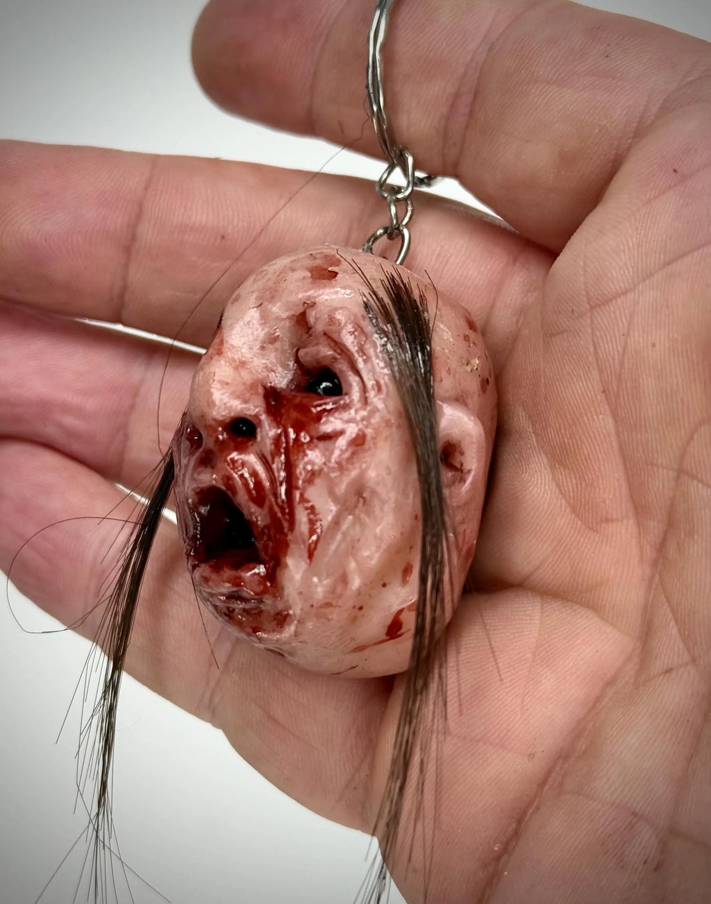 Horror Head Keychain – Grotesque Face Keyring – Weird Handmade Polymer Clay Oddity